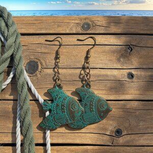 Fish Dangling Earrings Brass Hook Handmade Patina Accent Bohemian Style Beach